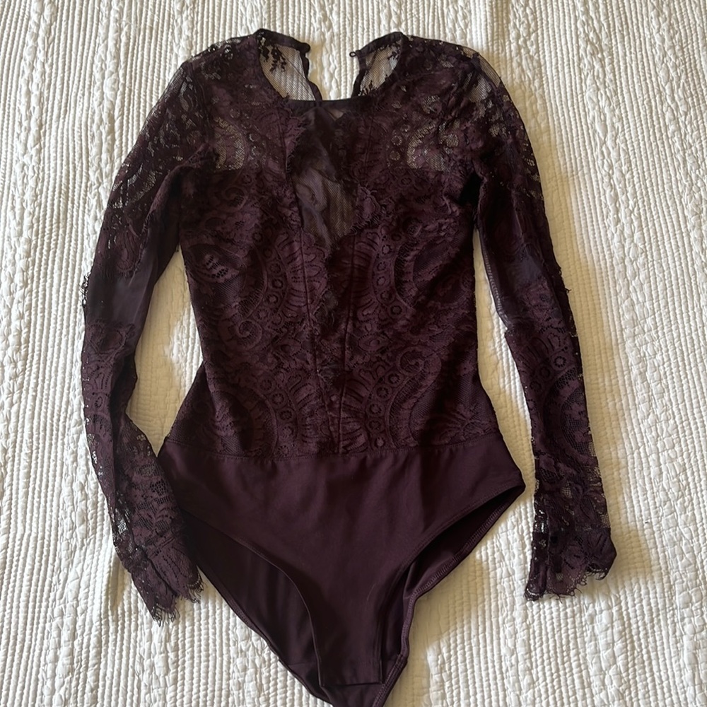 Deep Plum V Neck Lace Bodysuits